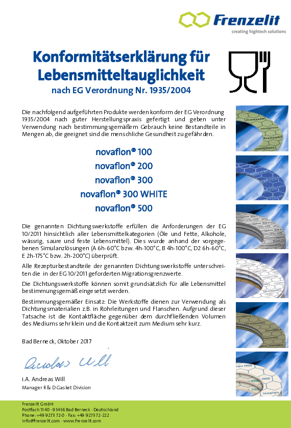 Lebensmittelkonformität gemäß EG 1935/2004 novaflon®