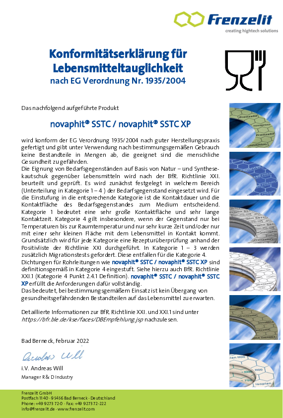 Lebensmittelkonformität gemäß EG 1935/2004 novaphit® SSTC