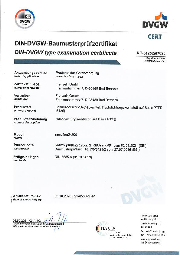 Prüfzertifikat DVGW novaflon® 300