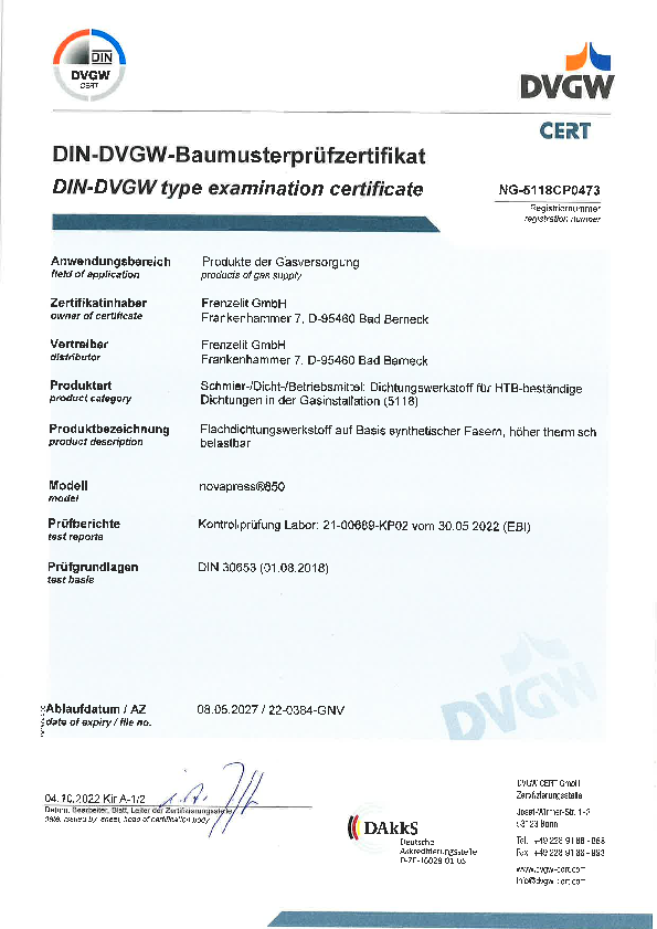 Prüfzertifikat DVGW HTB DIN 30653 novapress® 850