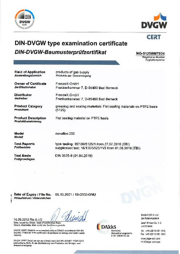 Examination Certificate DVGW novaflon® 200