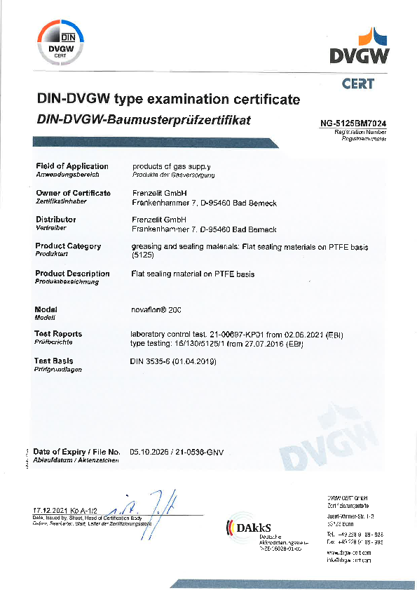 Examination Certificate DVGW novaflon® 200 Examination Certificate DVGW novaflon® 200
