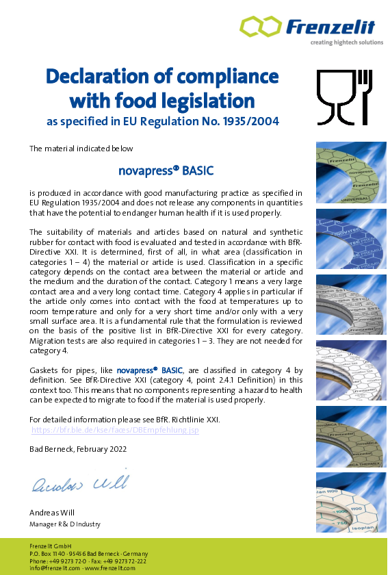 Declaration of compliance with food legislation acc. to EU 1935/2004 for novapress® BASIC