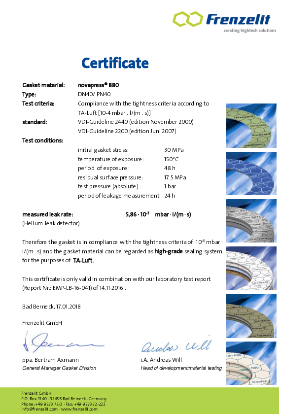 Certificate TA Luft novapress® 880