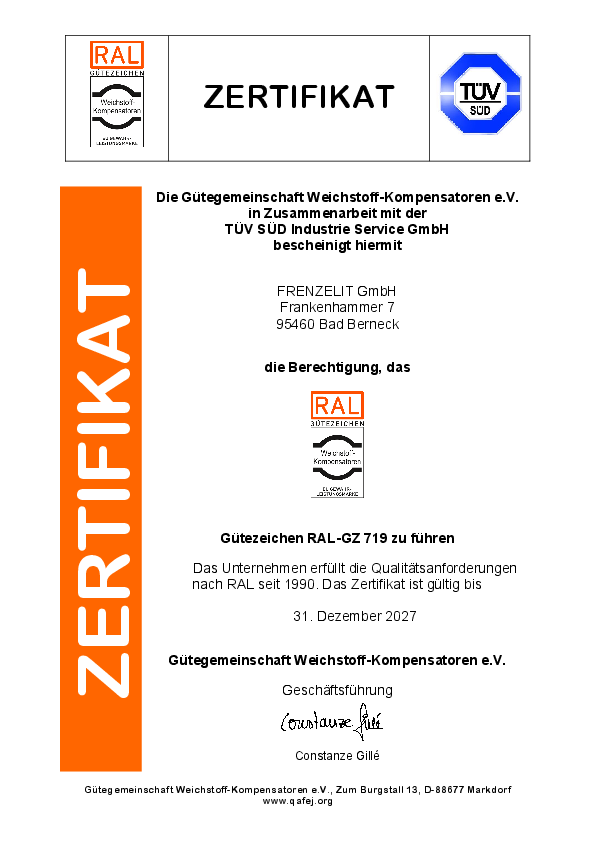 Zertifikat RAL Gütezeichen Frenzelit Kompensatoren