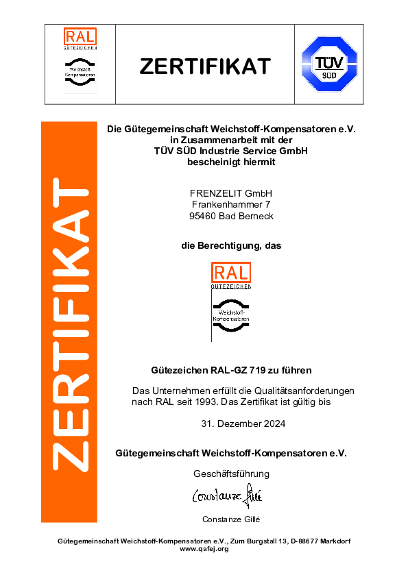 Zertifikat RAL Gütezeichen Frenzelit Kompensatoren