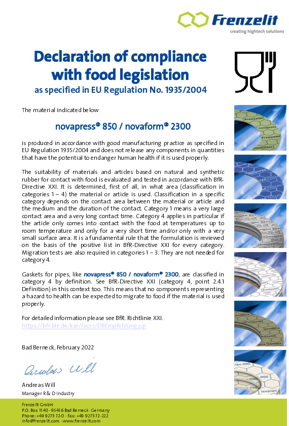 Compliance with food acc. to EU 1935/2004 novapress® 850