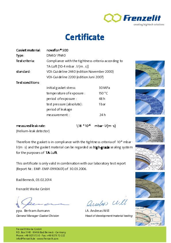 TA Luft Certificate 150°C novaflon® 500