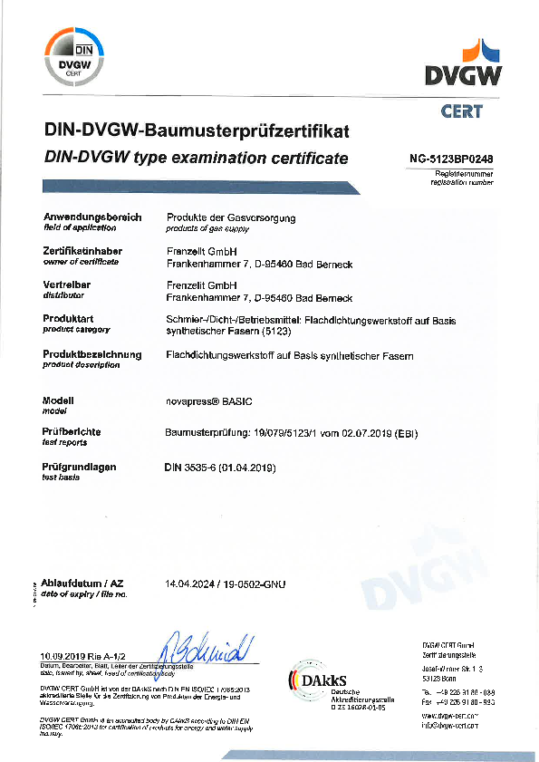 Zulassung DVGW für novapress® BASIC