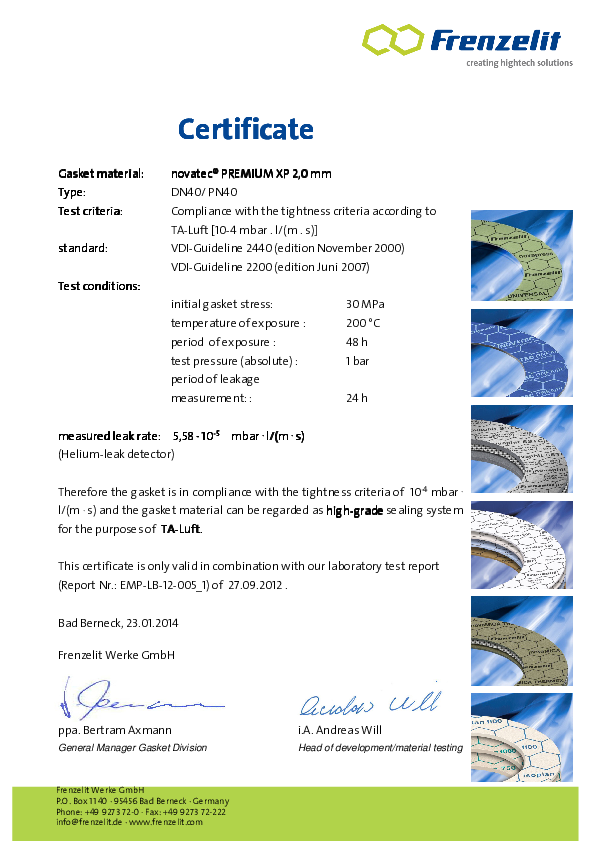 TA Luft Certificate novatec® PREMIUM XP