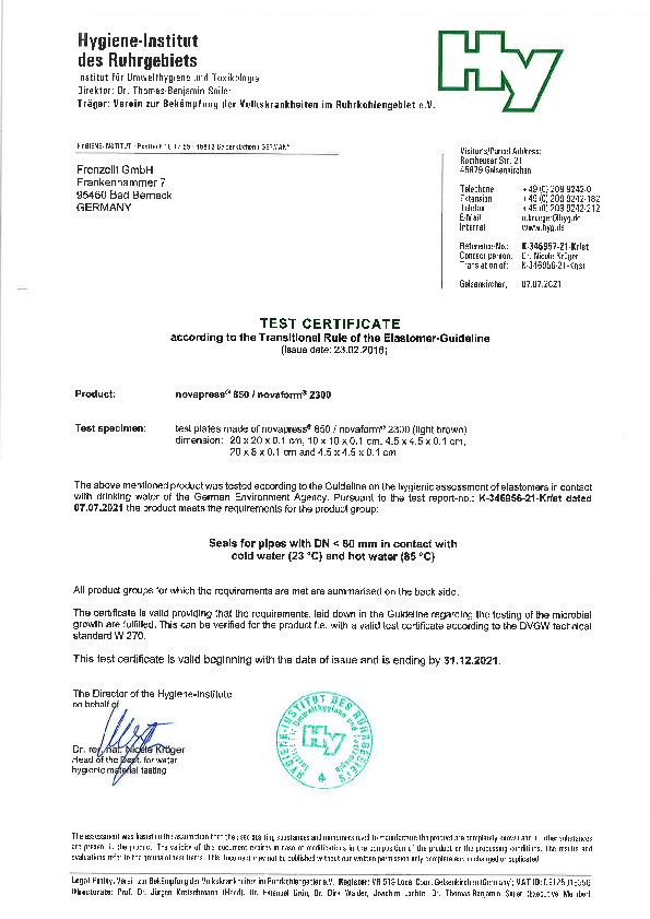 Test Certificate for drinking water acc. to elastomer guideline novapress® 850