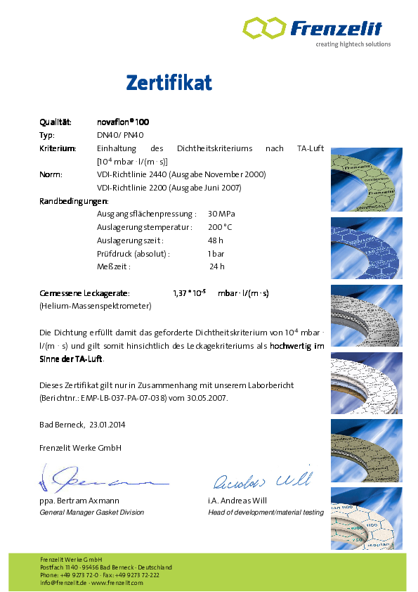 TA Luft Zertifikat novaflon® 100 200°C