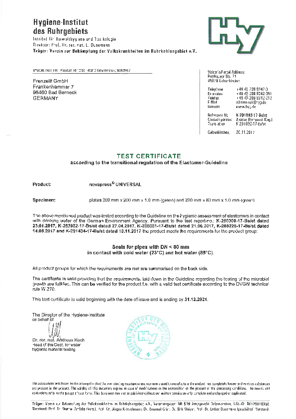 Certificate_drinking water acc. elastomer guideline novapress® UNIVERSAL