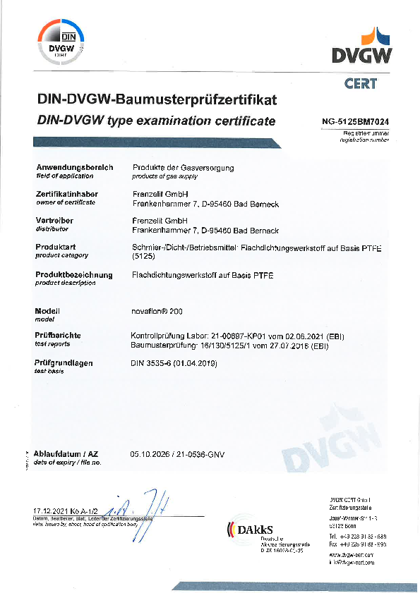 Prüfzertifikat DVGW novaflon® 200