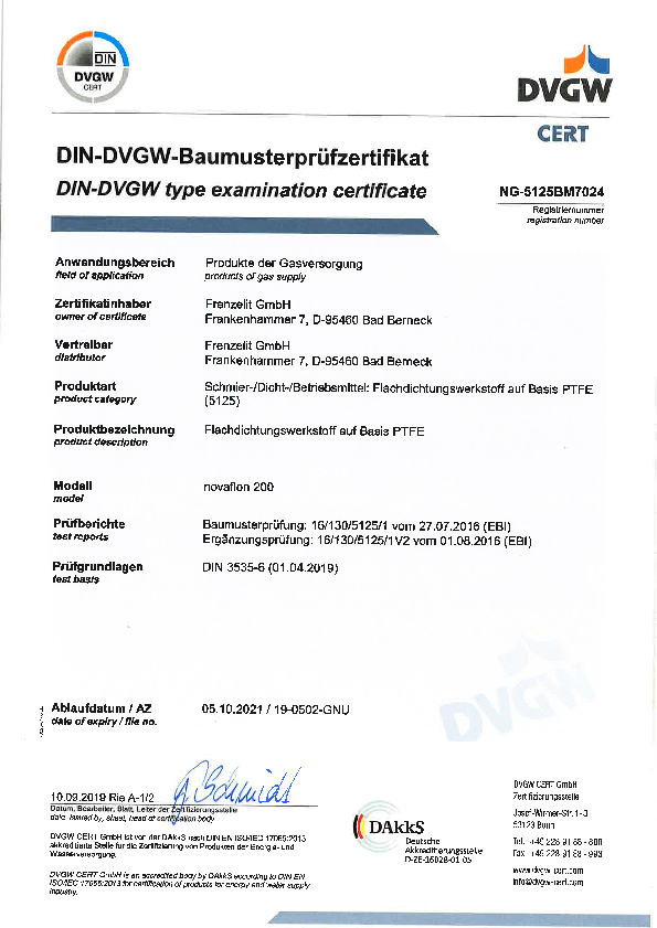 Prüfzertifikat DVGW novaflon® 200