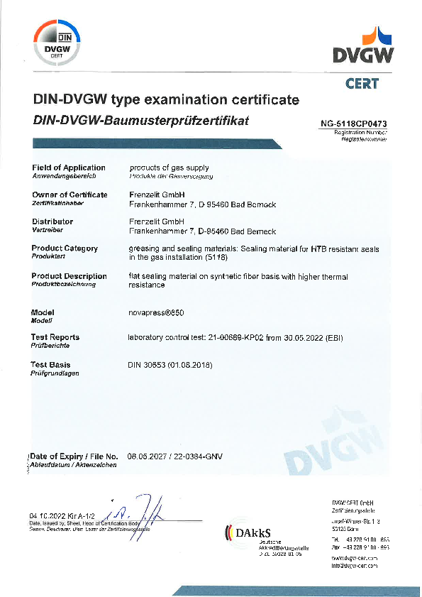 Examination certificate HTB DIN 30653 novapress® 850