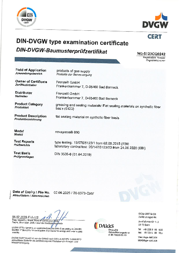 Examination Certificate DVGW novapress®880