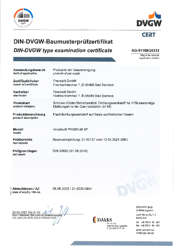 Prüfzertifikat DVGW HTB DIN 30653 novatec® PREMIUM XP