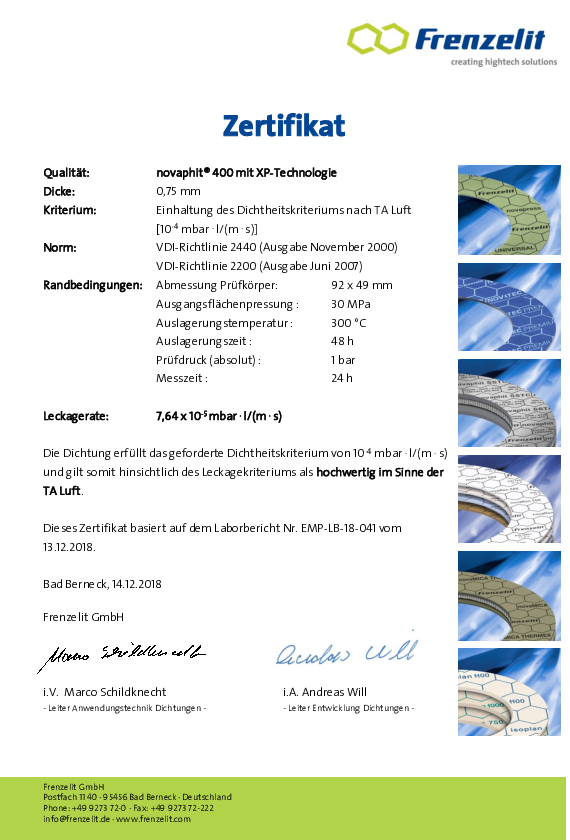 TA Luft Zertifikat novaphit® 400 Dicke 0,75mm