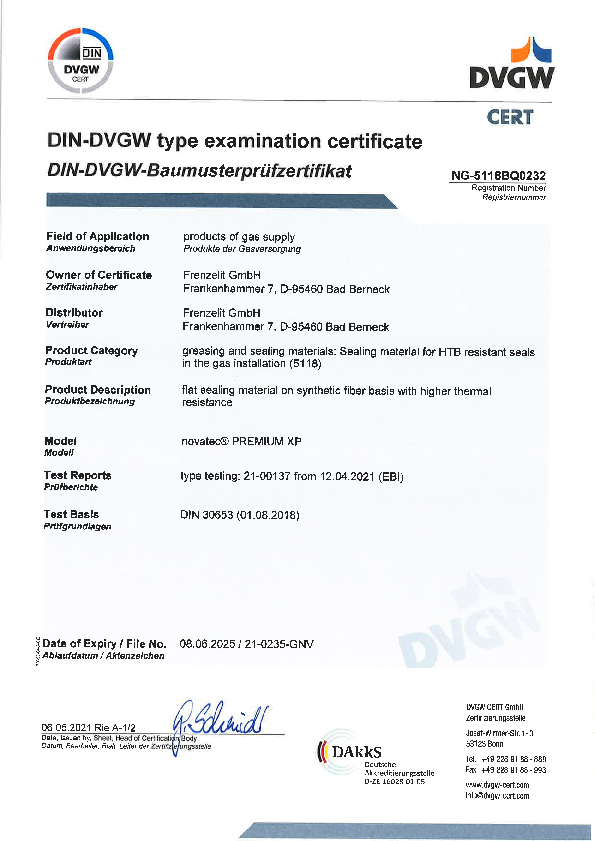 Examination certificate HTB DIN 30653 novatec® PREMIUM XP
