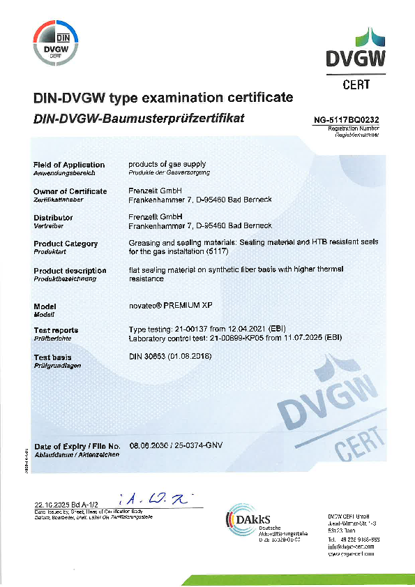 Examination certificate HTB DIN 30653 novatec® PREMIUM XP Examination certificate HTB DIN 30653 novatec® PREMIUM XP