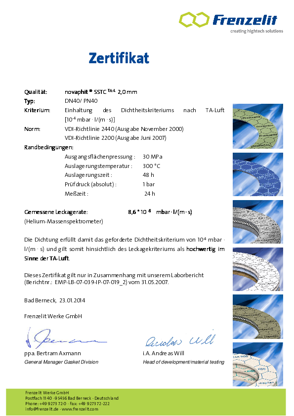 TA Luft Zertifikat novaphit® SSTCTA-L 2,0 mm