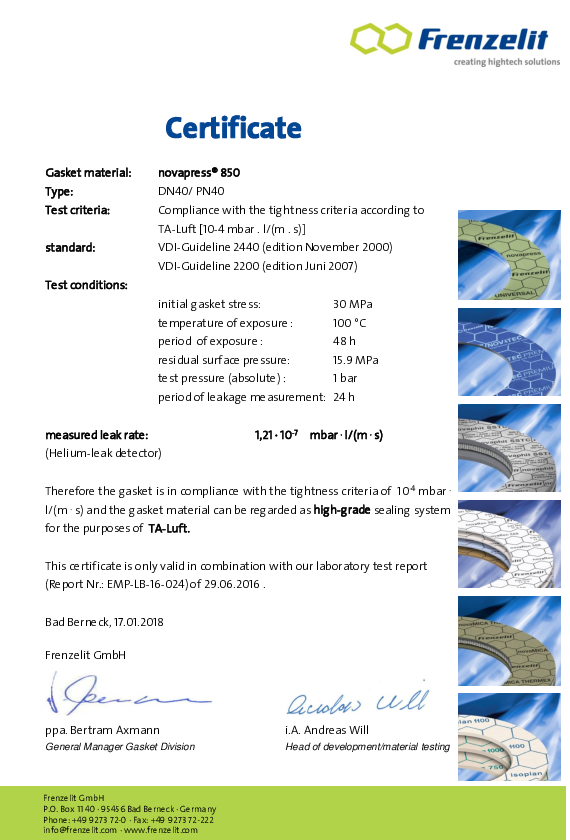 Certificate TA Luft novapress® 850